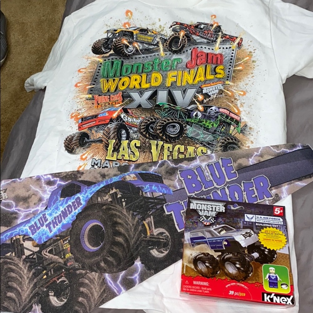 Monster Jam small t-shirt, flag and legos